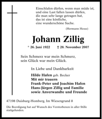 Traueranzeige von Johann Zillig von Tageszeitung
