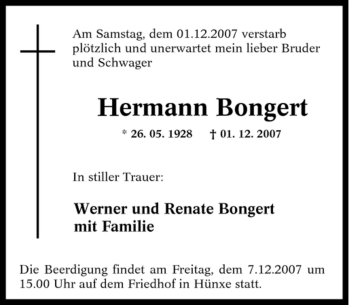 Traueranzeige von Hermann Bongert von Tageszeitung