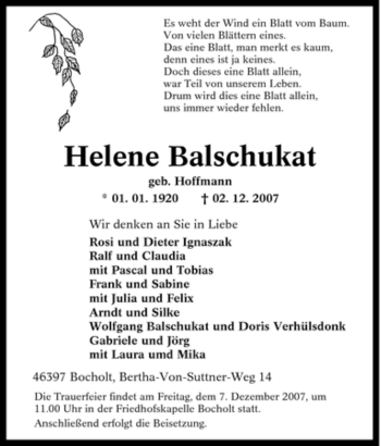 Traueranzeige von Helene Balschukat von Tageszeitung