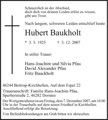Traueranzeige von Hubert Baukholt von Tageszeitung