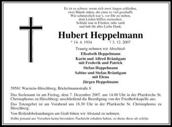 Traueranzeige von Hubert Heppelmann von Tageszeitung