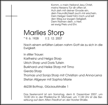 Traueranzeige von Marlies Storp von Tageszeitung