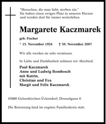 Traueranzeige von Margarete Kaczmarek von Tageszeitung