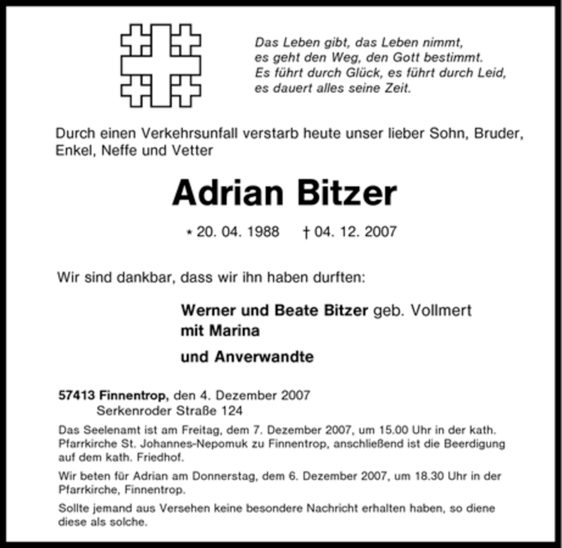  Traueranzeige für Adrian Bitzer vom 06.12.2007 aus Tageszeitung