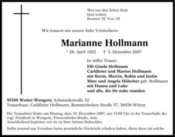Traueranzeige von Marianne Hollmann von Tageszeitung