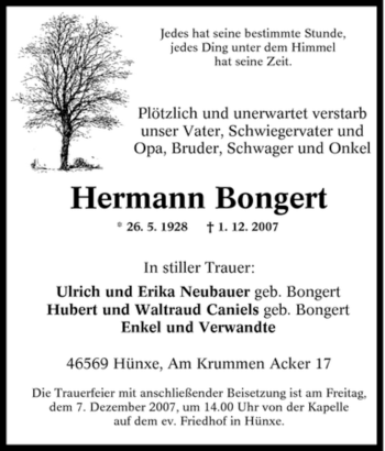 Traueranzeige von Hermann Bongert von Tageszeitung