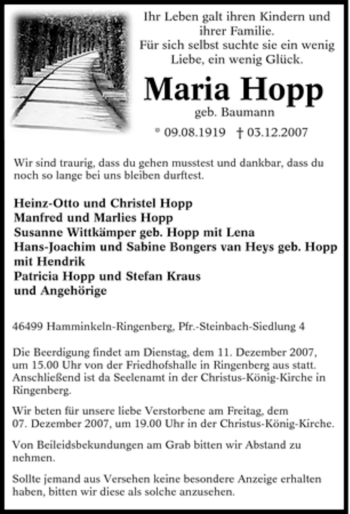 Traueranzeige von Maria Hopp von Tageszeitung