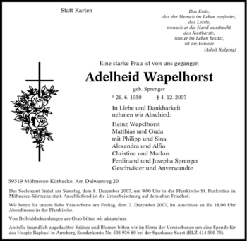 Traueranzeige von Adelheid Wapelhorst von Tageszeitung