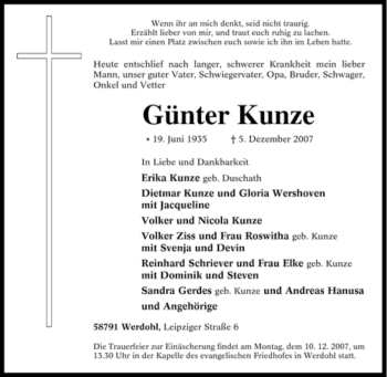 Traueranzeige von Günter Kunze von Tageszeitung