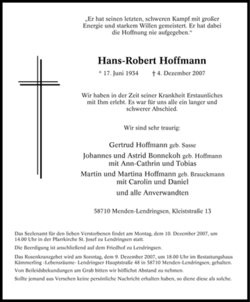  Traueranzeige für Hans-Robert Hoffmann vom 06.12.2007 aus Tageszeitung