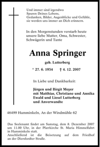 Traueranzeige von Anna Springer von Tageszeitung