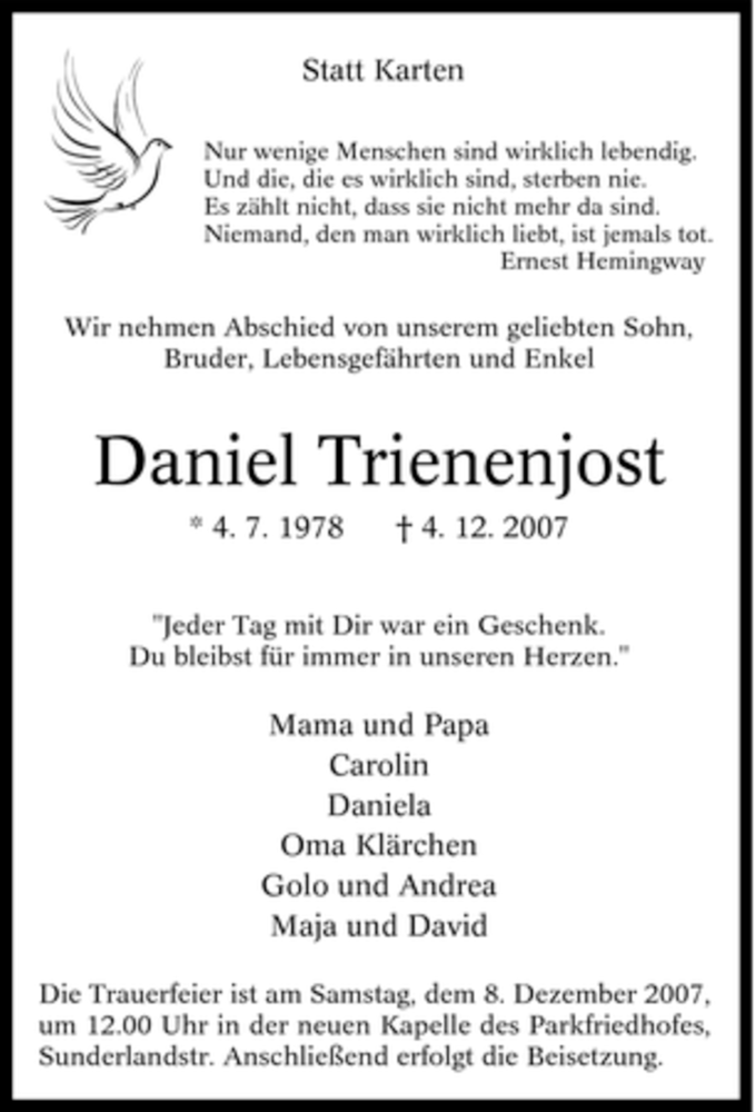  Traueranzeige für Daniel Trienenjost vom 06.12.2007 aus Tageszeitung