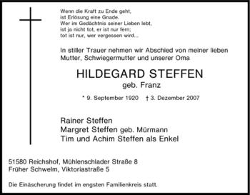 Traueranzeige von Hildegard Steffen von Tageszeitung