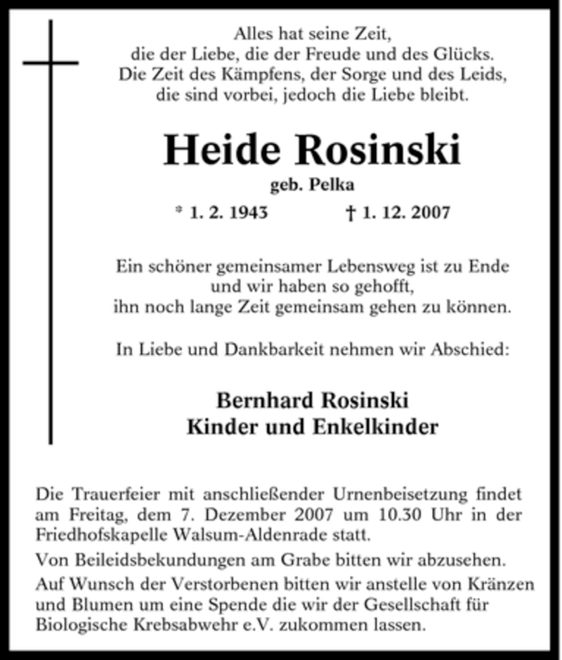  Traueranzeige für Heide Rosinski vom 06.12.2007 aus Tageszeitung