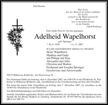 Traueranzeige von Adelheid Wapelhorst von Tageszeitung