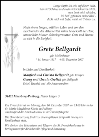 Traueranzeige von Grete Bellgardt von Tageszeitung
