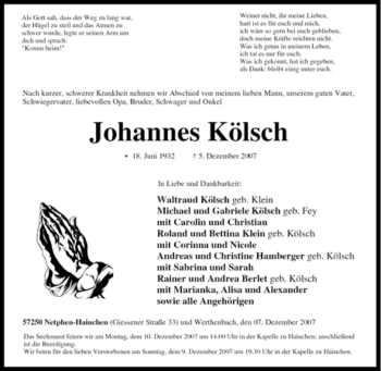 Traueranzeige von Johannes Kölsch von Tageszeitung