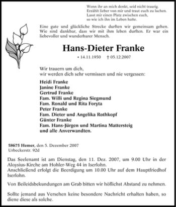 Traueranzeige von Hans-Dieter Franke von Tageszeitung