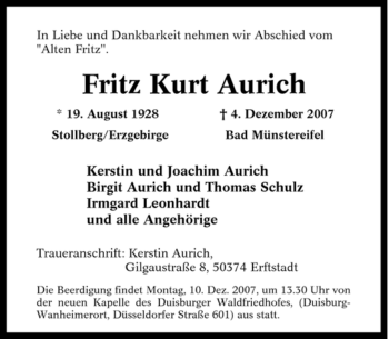 Traueranzeige von Fritz Kurt Aurich von Tageszeitung