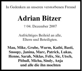 Traueranzeige von Adrian Bitzer von Tageszeitung