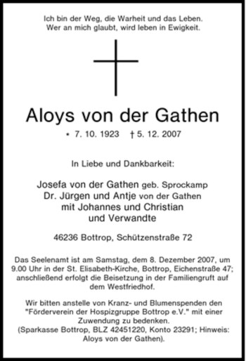 Traueranzeige von Aloys von der Gathen von Tageszeitung