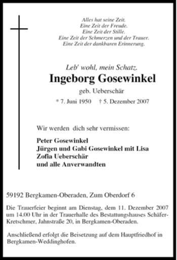Traueranzeige von Ingeborg Gosewinkel von Tageszeitung
