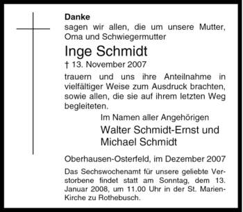 Traueranzeige von Inge Schmidt von Tageszeitung