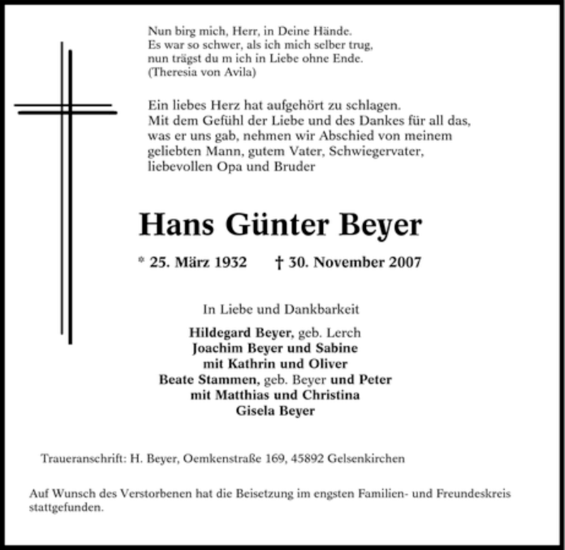  Traueranzeige für Hans Günter Beyer vom 07.12.2007 aus Tageszeitung