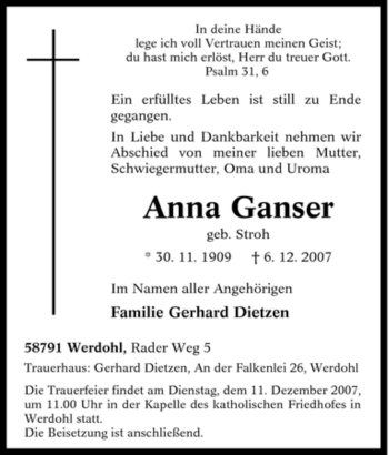 Traueranzeige von Anna Ganser von Tageszeitung