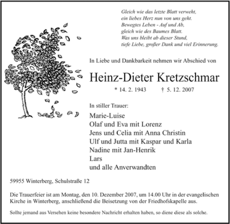  Traueranzeige für Heinz-Dieter Kretzschmar vom 07.12.2007 aus Tageszeitung