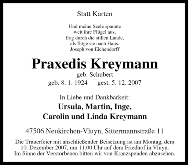  Traueranzeige für Praxedis Kreymann vom 07.12.2007 aus Tageszeitung