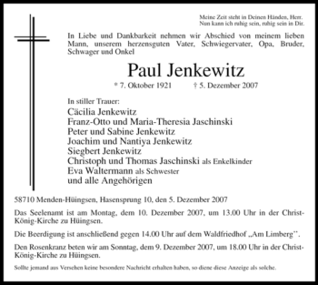 Traueranzeige von Paul Jenkewitz von Tageszeitung
