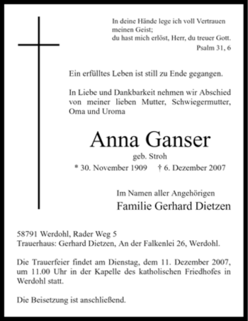 Traueranzeige von Anna Ganser von Tageszeitung