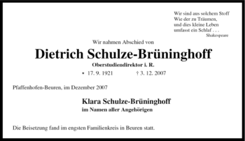 Traueranzeige von Dietrich Schulze-Brüninghoff von Tageszeitung