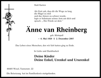 Traueranzeige von Änne van Rheinberg von Tageszeitung
