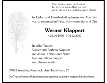 Traueranzeige von Werner Klappert von Tageszeitung