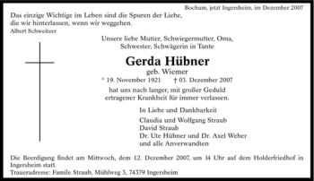 Traueranzeige von Gerda Hübner von Tageszeitung