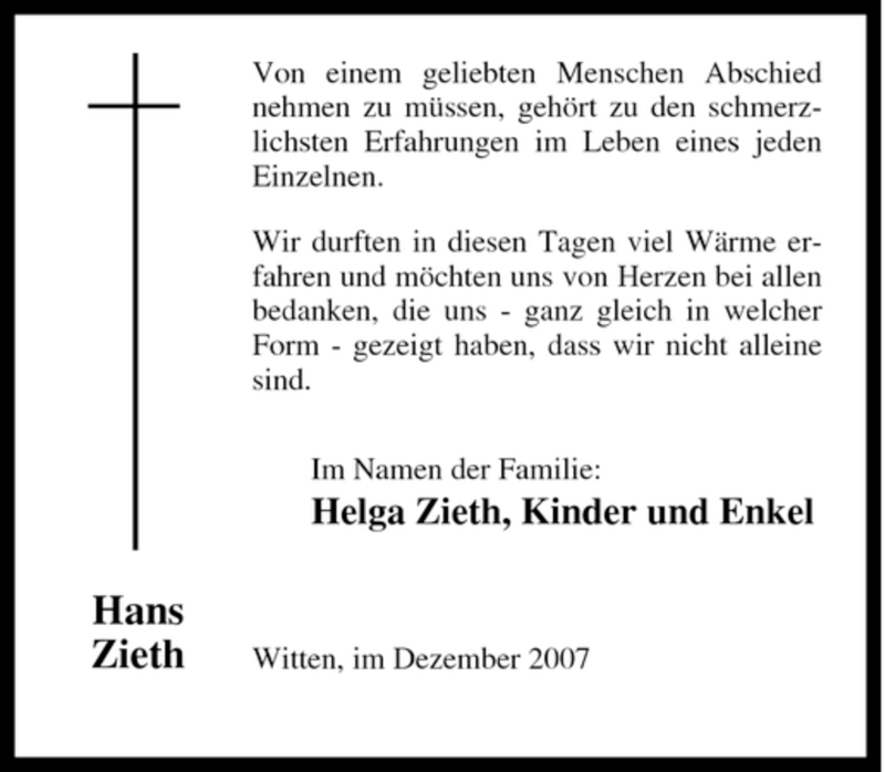  Traueranzeige für Hans Zieth vom 08.12.2007 aus Tageszeitung