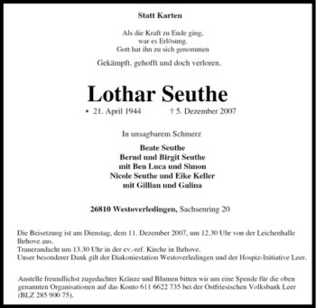 Traueranzeige von Lothar Seuthe von Tageszeitung