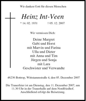 Traueranzeige von Heinz Int-Veen von Tageszeitung