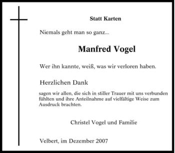 Traueranzeige von Manfred Vogel von Tageszeitung