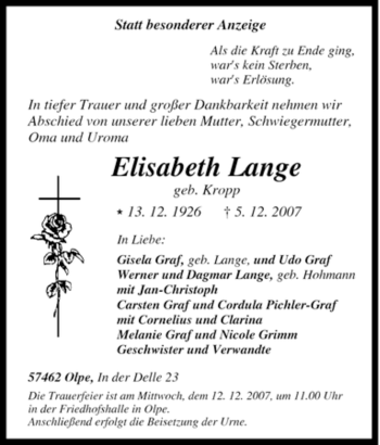 Traueranzeige von Elisabeth Lange von Tageszeitung