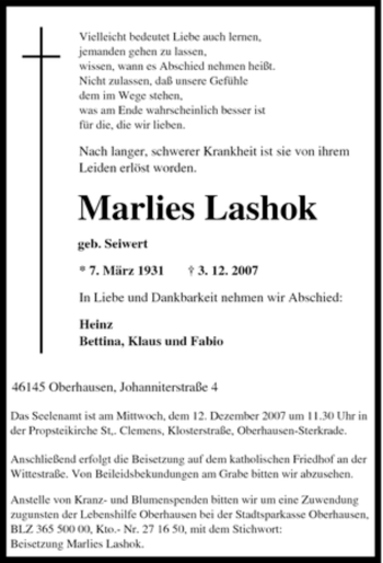 Traueranzeige von Marlies Lashok von Tageszeitung