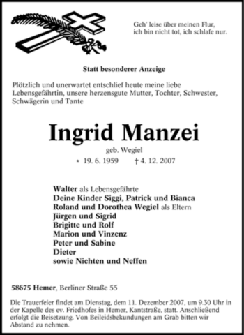 Traueranzeige von Ingrid Manzei von Tageszeitung