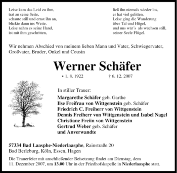Traueranzeige von Werner Schäfer von Tageszeitung
