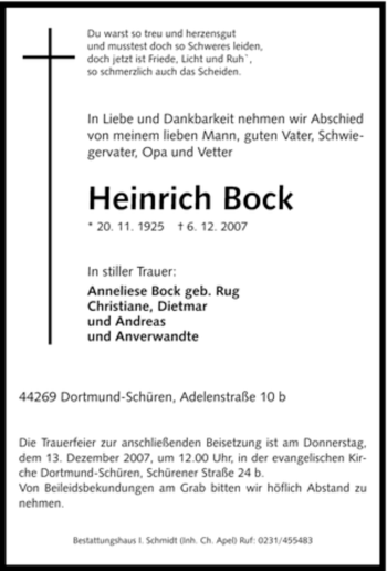 Traueranzeige von Heinrich Bock von Tageszeitung