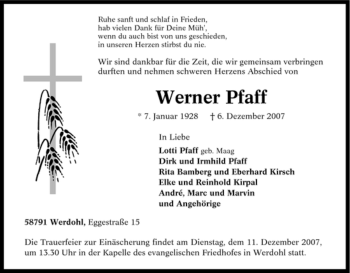Traueranzeige von Werner Pfaff von Tageszeitung