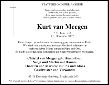 Traueranzeige von Kurt van Meegen von Tageszeitung
