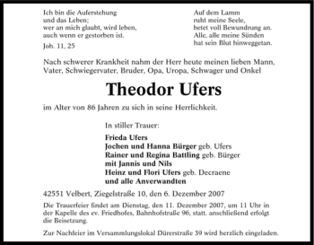 Traueranzeige von Theodor Ufers von Tageszeitung