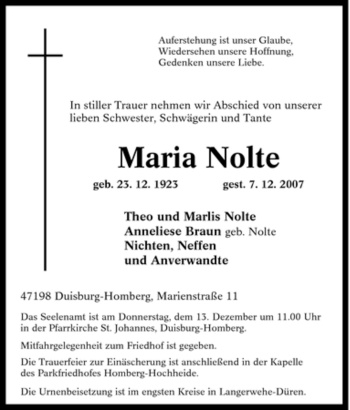 Traueranzeige von Maria Nolte von Tageszeitung